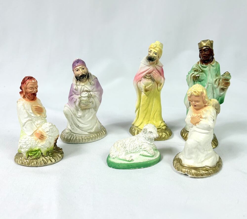 Vtg MCM Nativity Hand Painted Chalkware Figures 1950s Wise Men Shepherd Angel